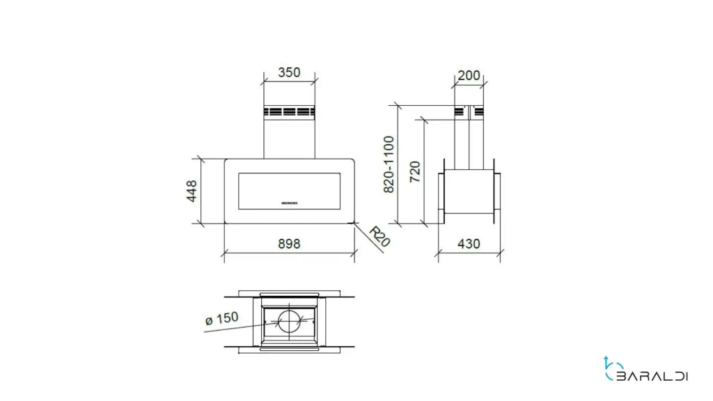 CAPPA TRISIA ISOLA cm 90x43 - inox, vetro Nero - 800 m3/h