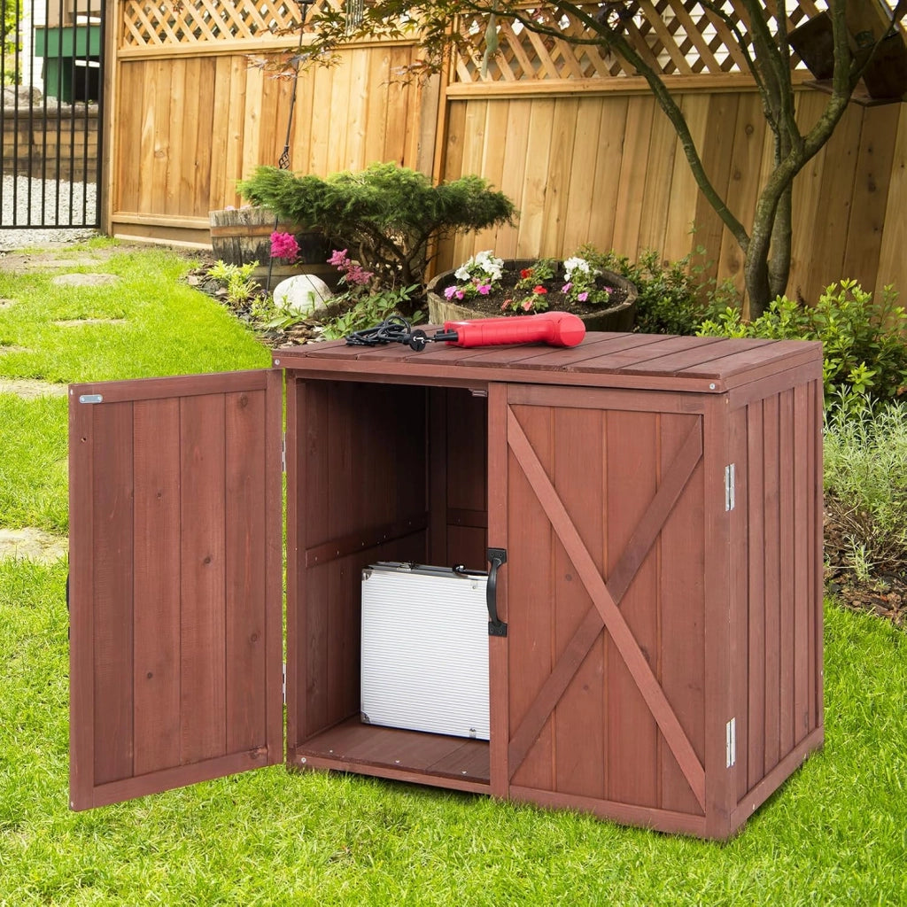 Armadietto da giardino con doppie ante e maniglie, armadietto per esterni, resistente alle intemperie, in legno, 77 x 56 x 72 cm