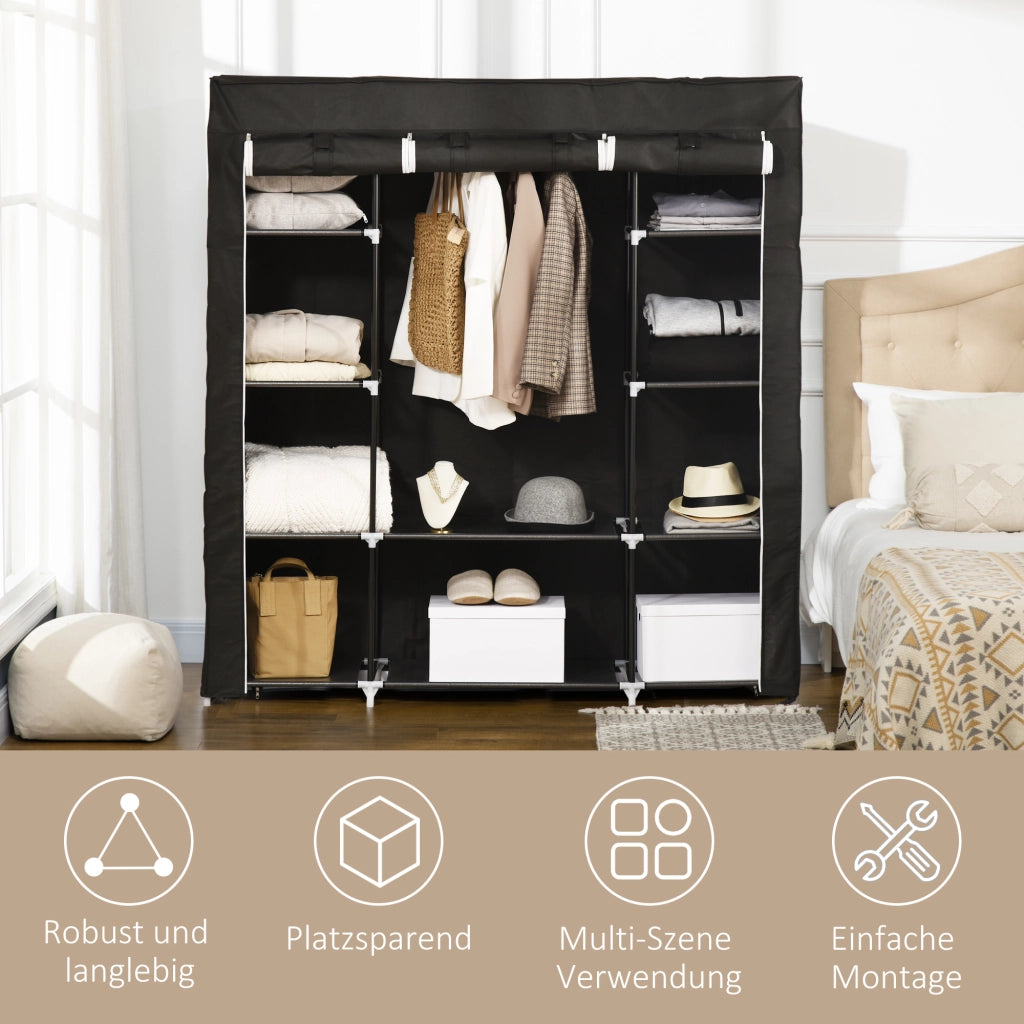 Armadio in tessuto con 1 barra appendiabiti, 10 ripiani, 150x43x162,5 cm, struttura in acciaio, nero