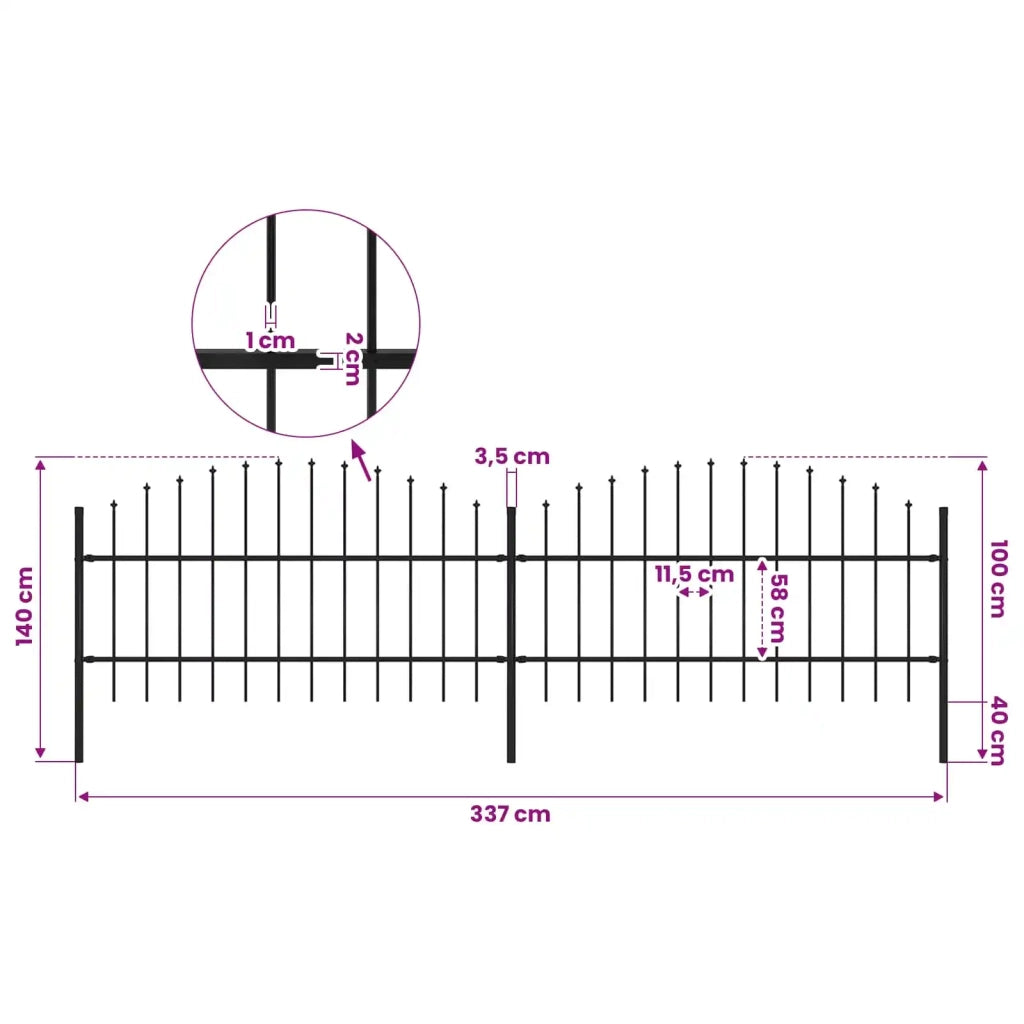Recinzione da Giardino con Punta a Lancia in Acciaio 337x100 cm Nero 277713
