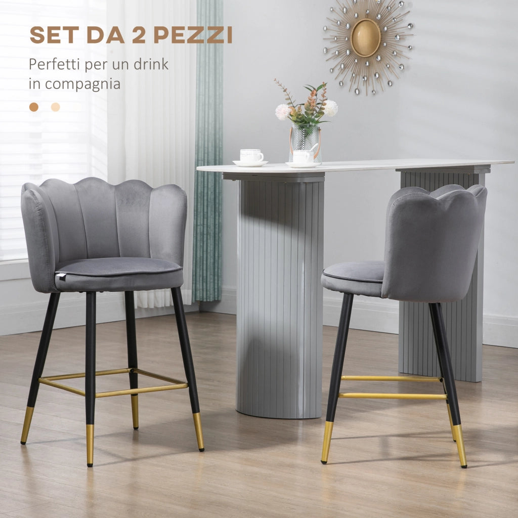 Set da 2 Sgabelli da Bar Vellutati con Poggiapiedi e Base in acciaio, 59x52x90cm, Grigio