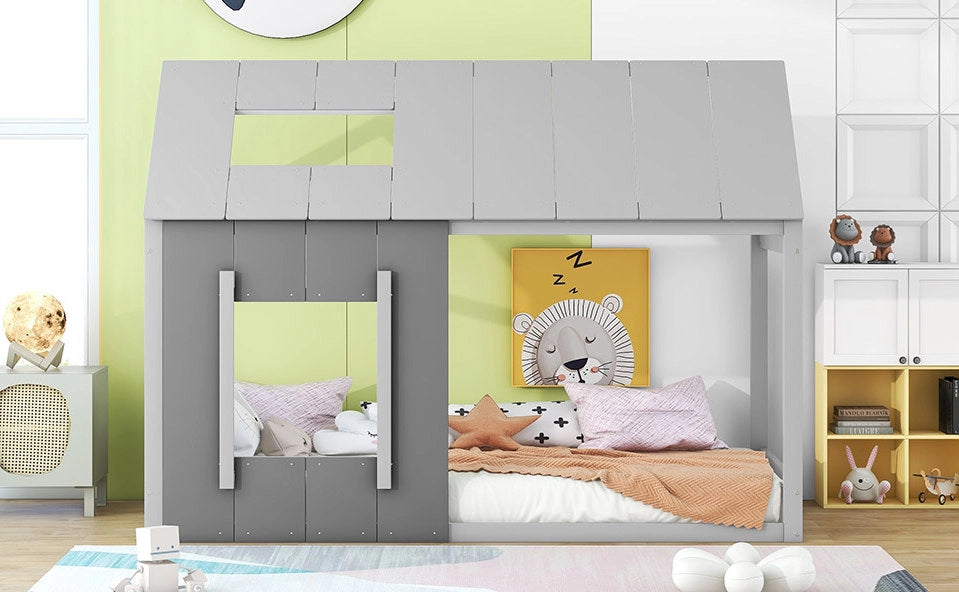 Letto per bambini a forma di casa 90x200 cm in legno di pino e MDF grigio scuro e chiaro
