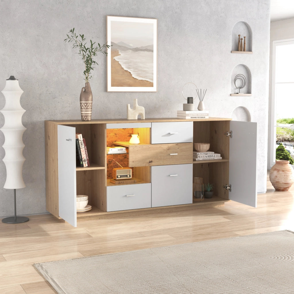 Credenza e Madia con 2 Ante; 4 Cassetti e Ripiano in Vetro; LED 16 Colori; in MDF; Bianco e Naturale; 160¡Á40¡Á77 cm