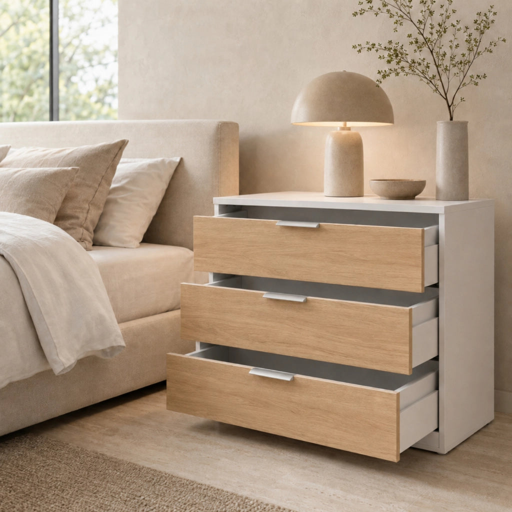 Cassettiera Design Moderno Con 3 Cassetti Comò Senza Piedi Mobile Salvaspazio Per Camera Da Letto Studio E Lavanderia 77 X 38 X 80 Cm Bianco E Rovere