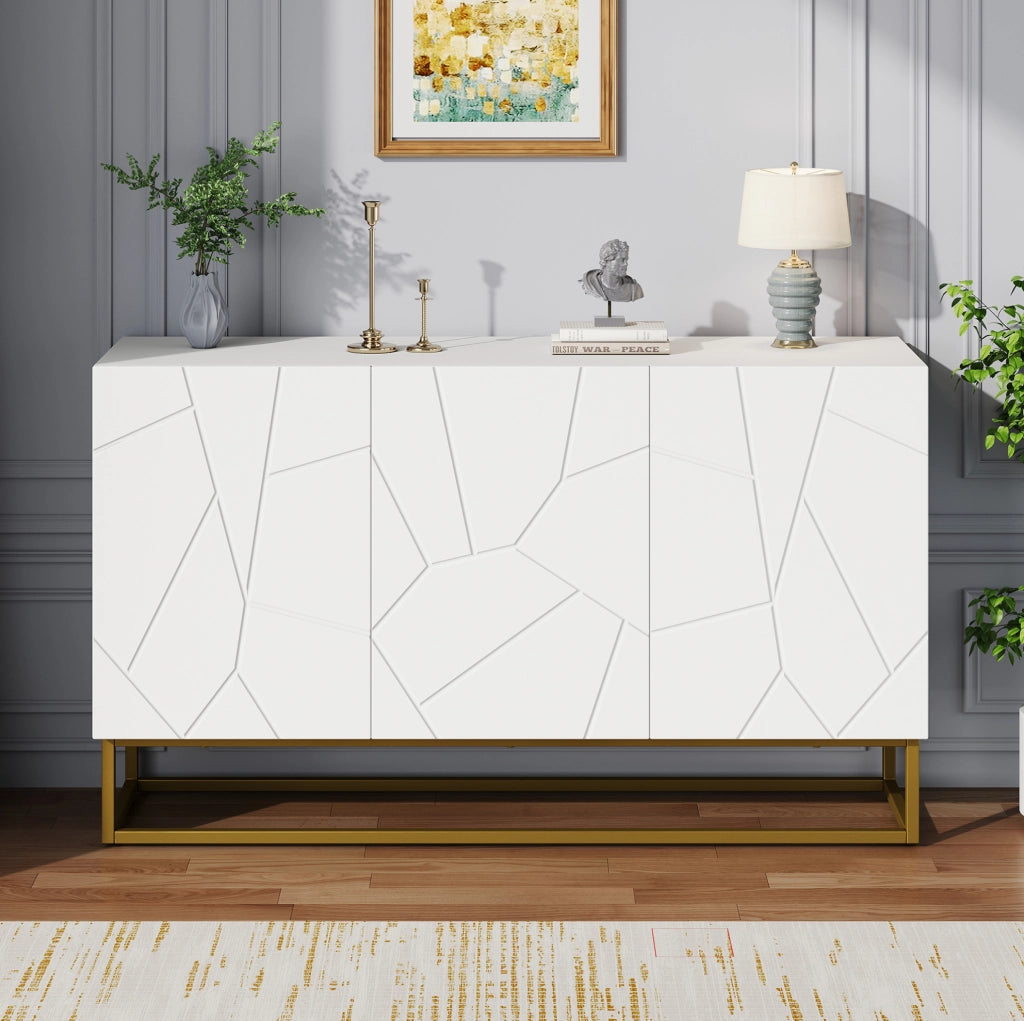 Credenza moderna 130 cm con 3 ante; ante lucide; ripiani regolabili; bianco oro