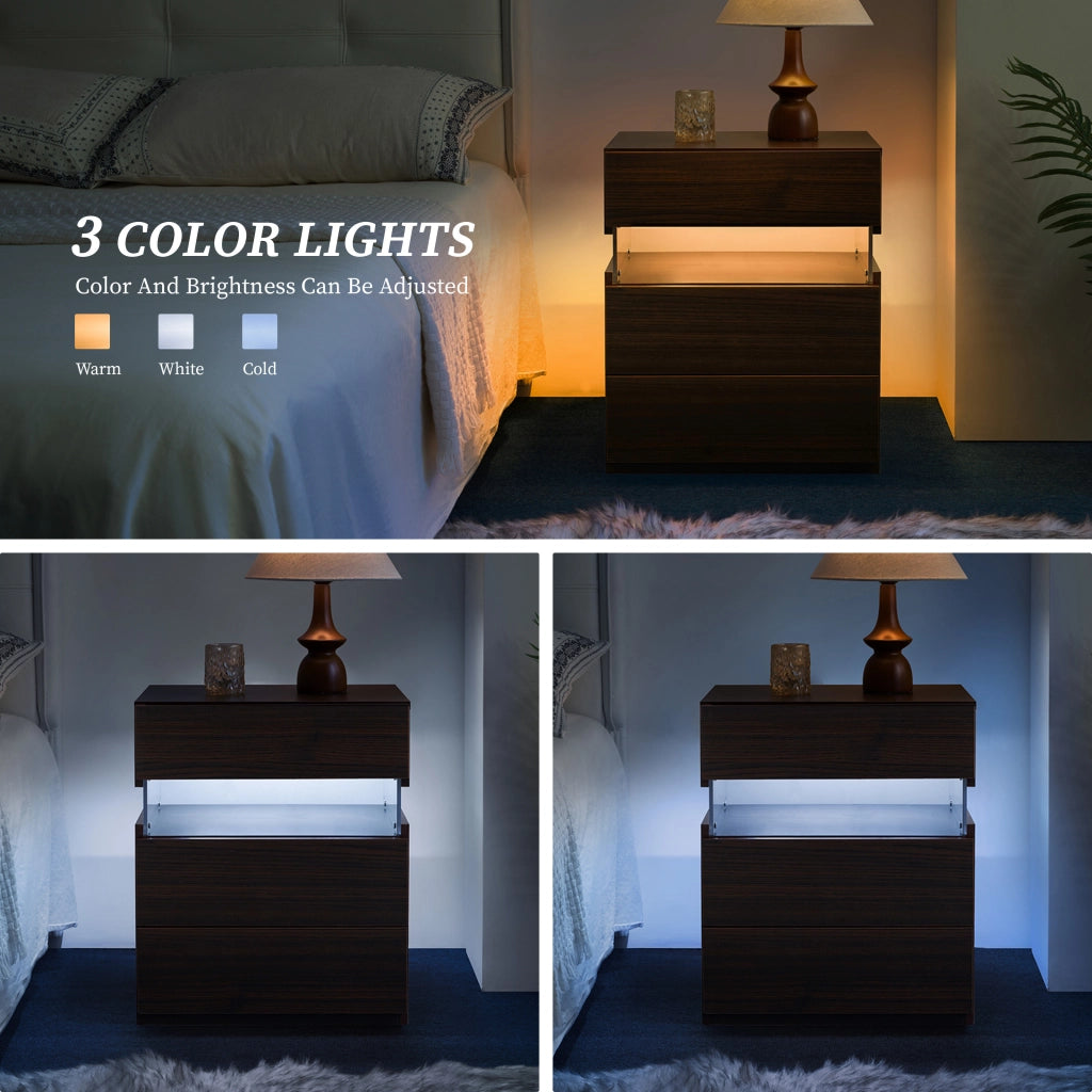 Comodino con LED e pannello in acrilico, 3 cassetti, in legno ingegnerizzato, per camera da letto e soggiorno, noce