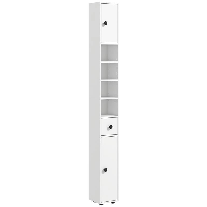 MOBILE COLONNA BAGNO CON CASSETTO, 2 ARMADIETTI E 4 RIPIANI APERTI, IN LEGNO, 20X20X180 CM, BIANCO