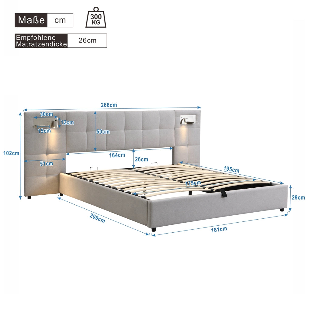 Letti contenitori 180x200 cm; USB e ricarica wireless; lino grigio (Senza materasso)