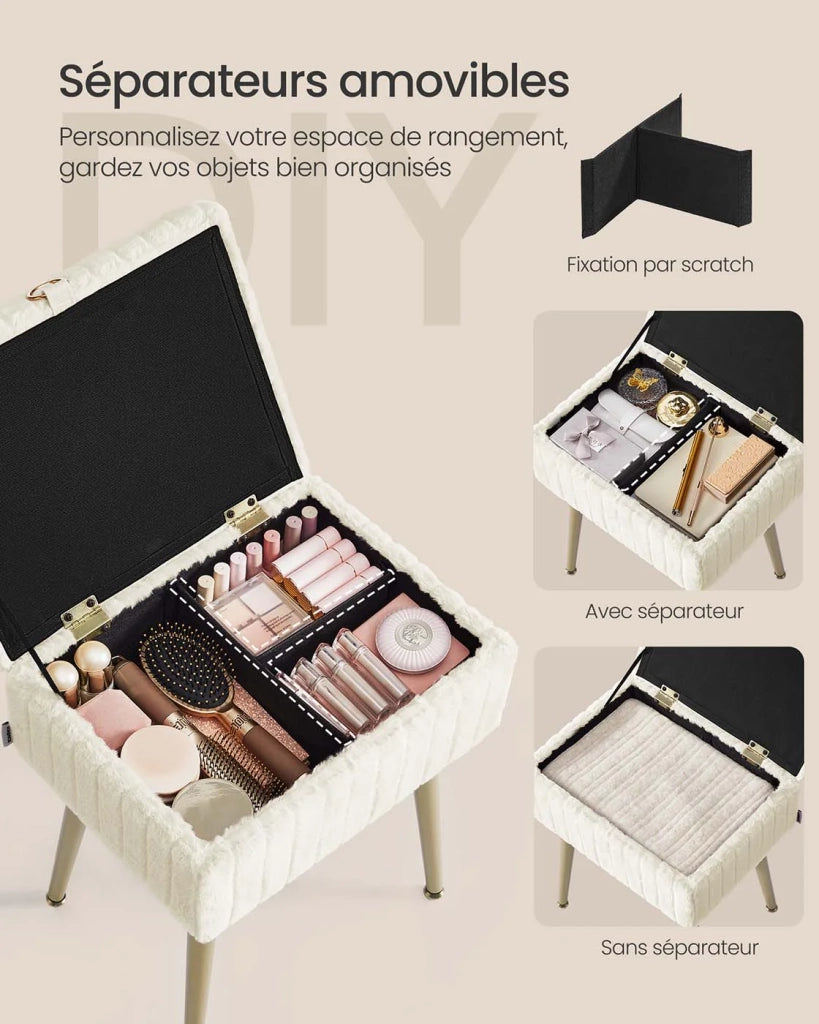 Sgabello da toeletta con contenitore e poggiapiedi 30 x 40 x 50 cm metallo imbottito piedini regolabili per soggiorno camera da letto cabina armadio beige 12_0008034