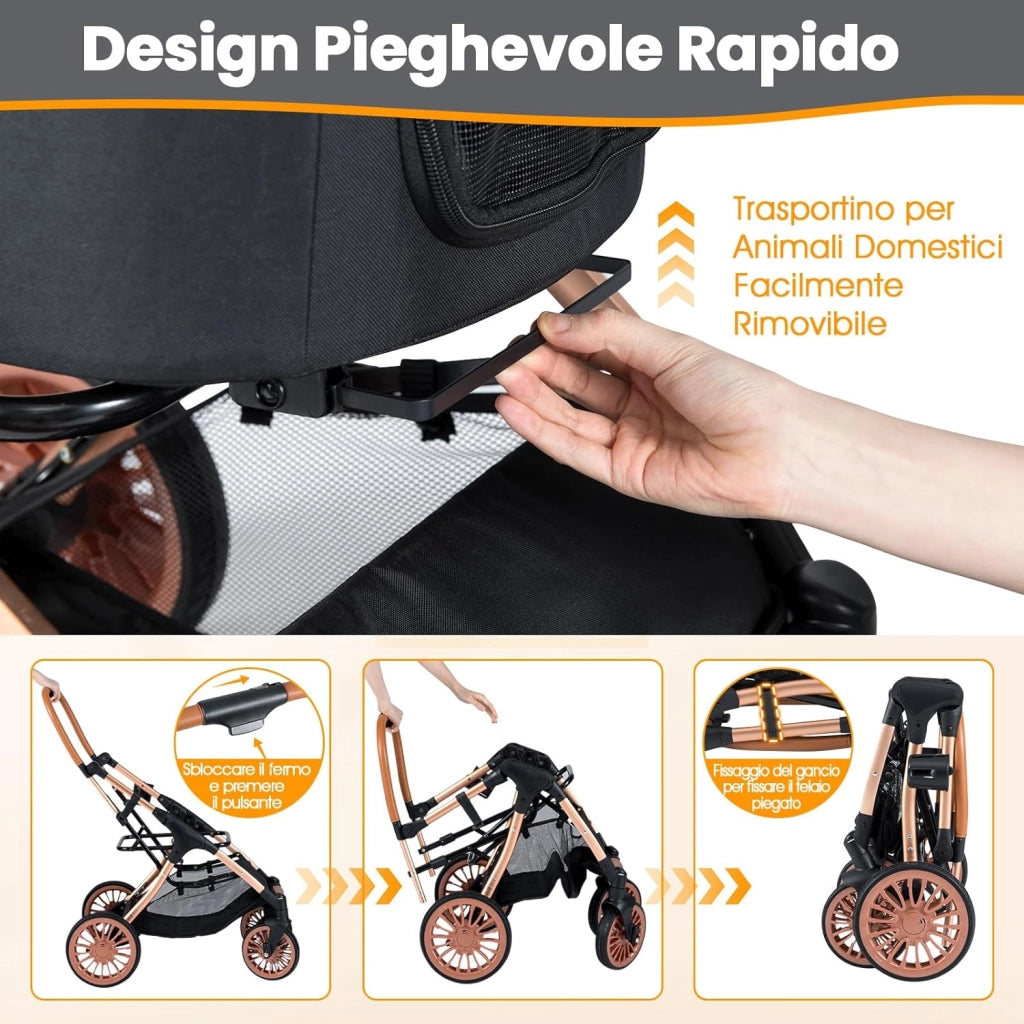 Passeggino Pieghevole per Cani 3 in 1, Carrozzino per Animali con Portapacchi Rimovibile, Tettuccio, Cuscino Rimovibile, Cintura di Sicurezza, Cestino e Portabicchiere, Portata 25 kg