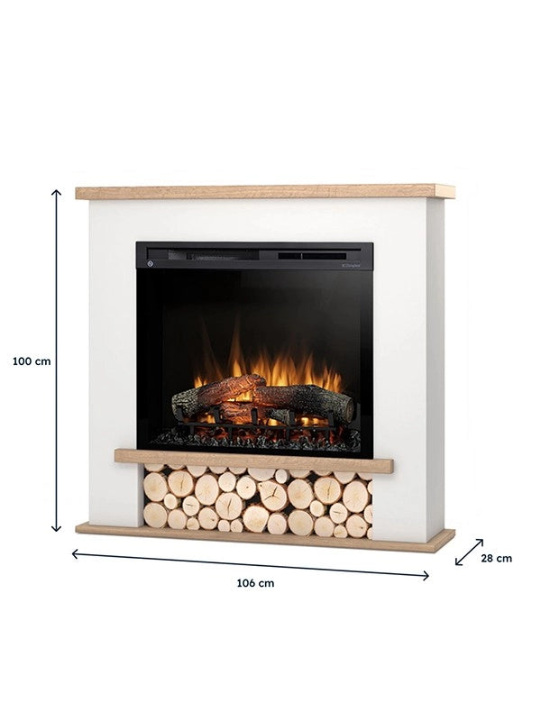 Camino Elettrico Riscaldante Da Pavimento Autoportante a LED - 28" - Bianco opaco / Rovere chiaro - 106 x 100 x 28 - TULA