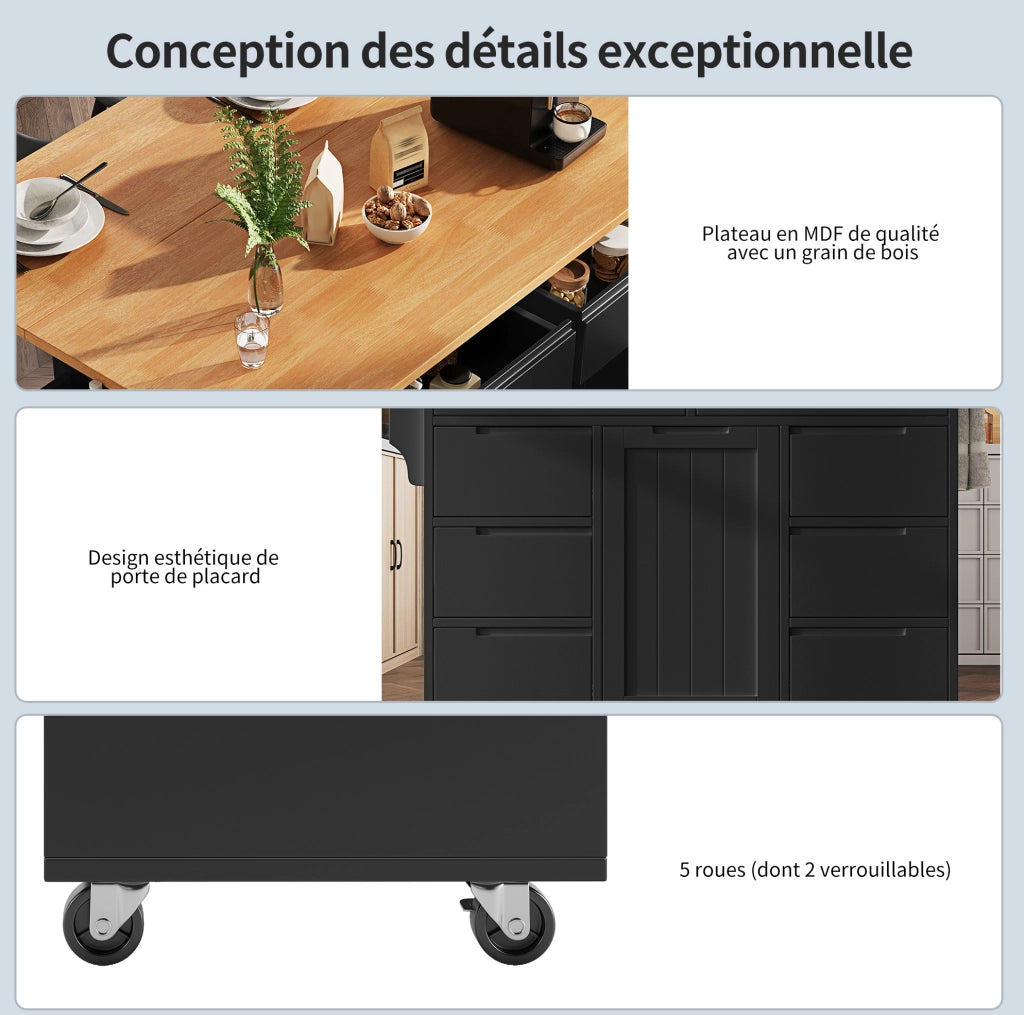 Carrello da cucina con piano ribaltabile; 8 cassetti e ruote; MDF nero