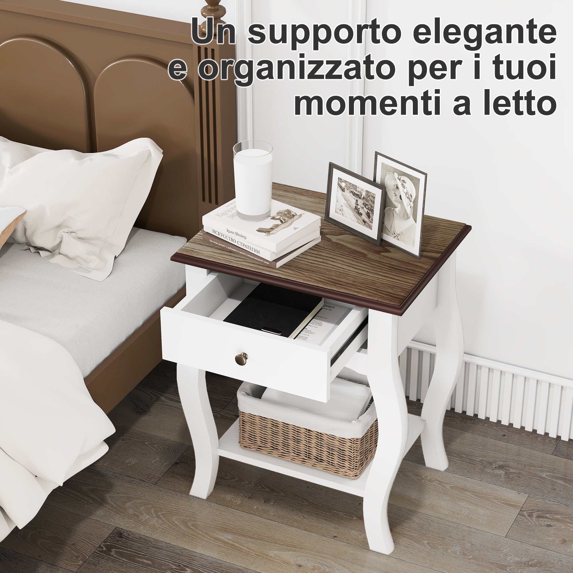Comodino in Stile Francese con Cassetto 45x35x55 cm in MDF Bianco e Rovere