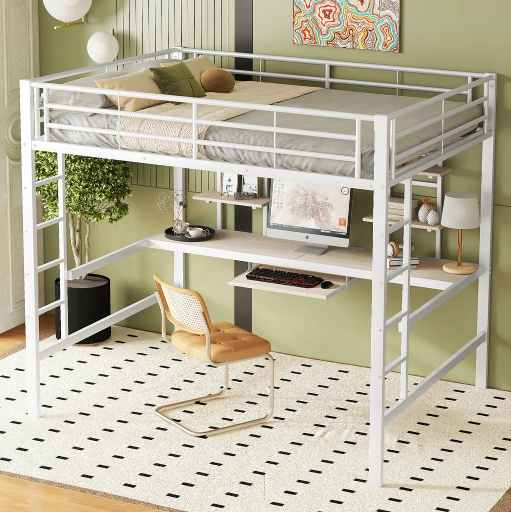 Letto a soppalco 140x200 cm con scrivania e scaffali in metallo e MDF bianco