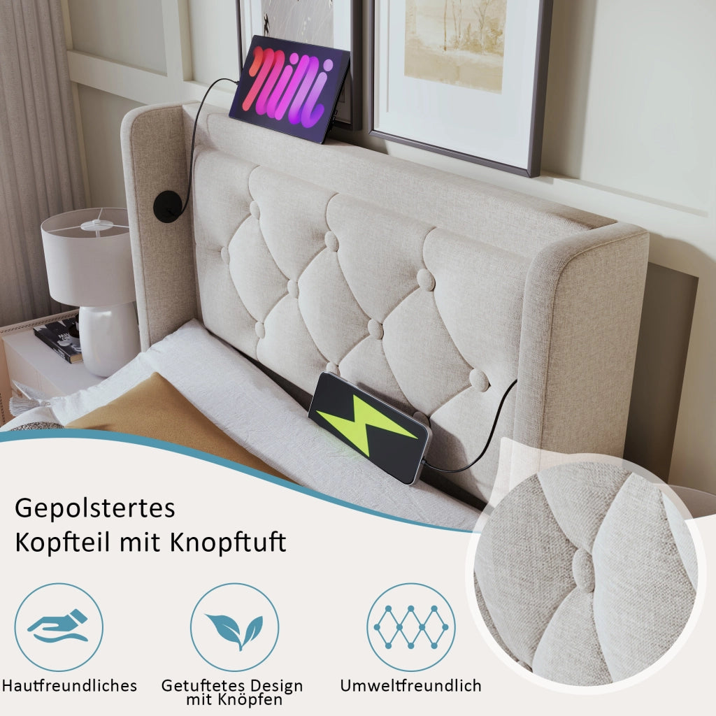 LETTO imbottito 90x200 cm beige in cotone con USB Tipo C, LED e contenitore