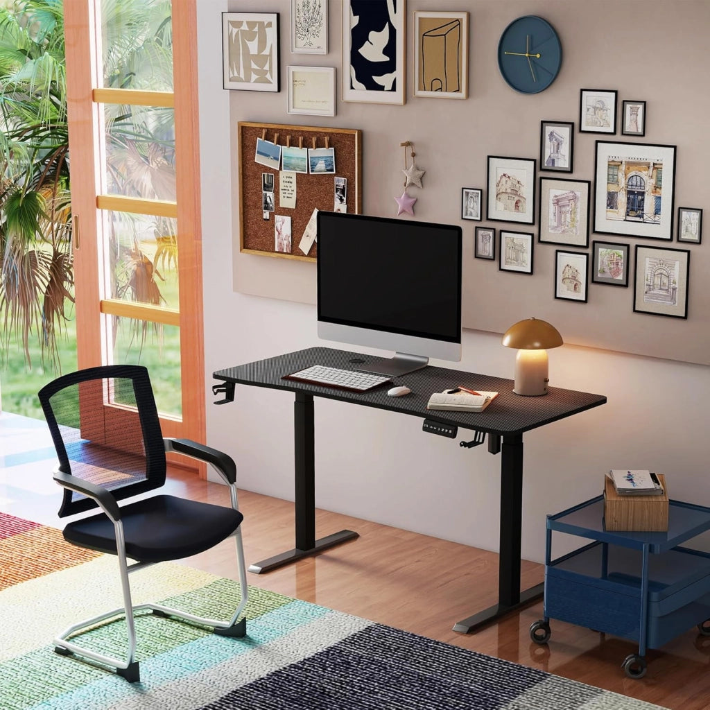 Scrivania elettrica regolabile in altezza, 140 x 60 cm, scrivania per computer, scrivania da ufficio con porta di ricarica di tipo C, gancio per cuffie e porta bevande, sedile elettrico, con