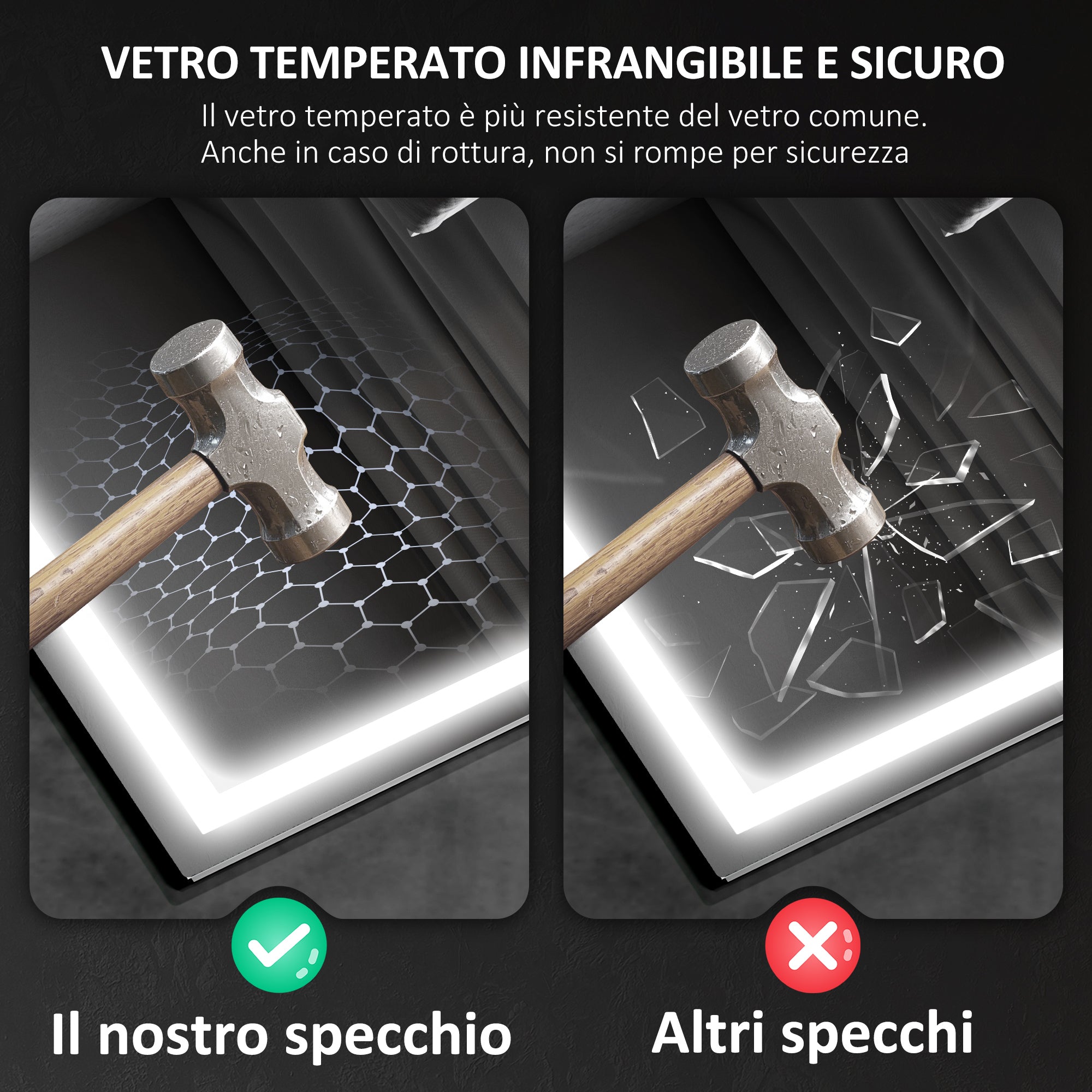 Specchio Bagno da Parete LED Antiappannamento 50x70 cm Speaker Bluetooth e Pulsanti Touch in Vetro Temperato