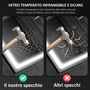 Specchio Bagno da Parete LED Antiappannamento 50x70 cm Speaker Bluetooth e Pulsanti Touch in Vetro Temperato