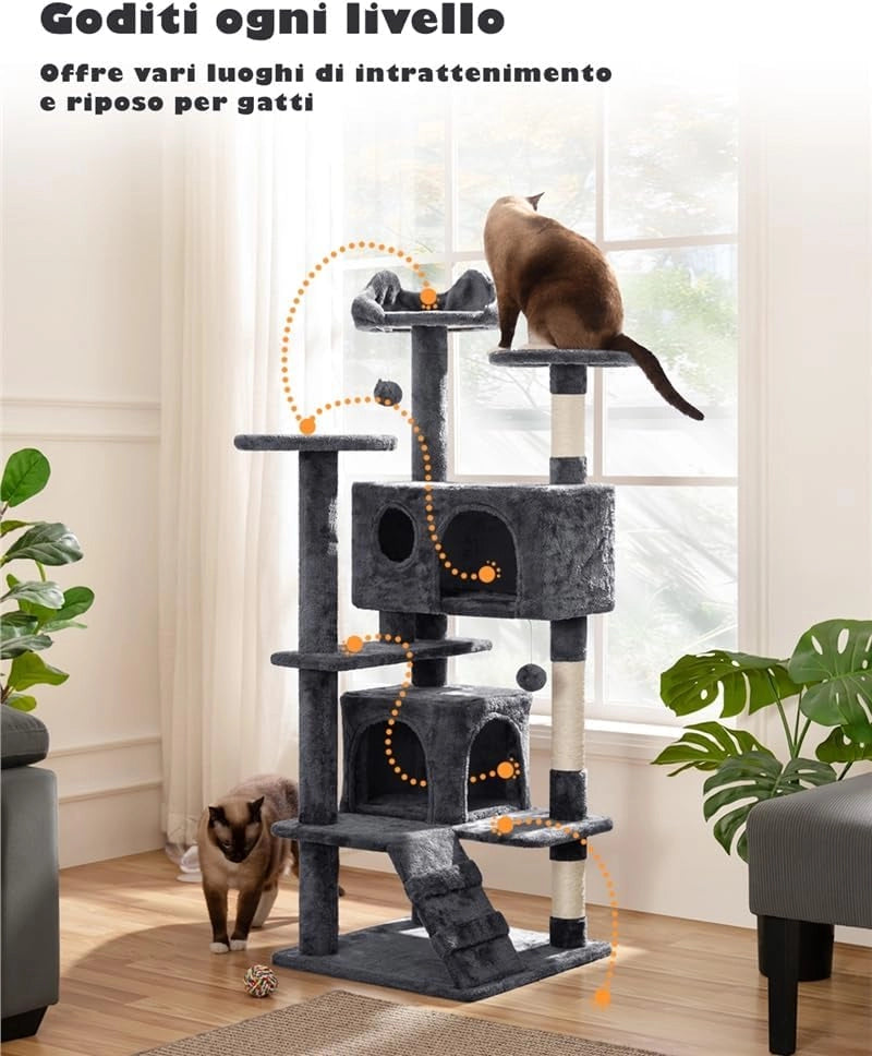 Yaheetech Albero Tiragraffi per Gatti 139 cm con 3 Pali Graffiatoi 3 Posatoi 2 Grotta 2 Pompon in Peluche a Più Livelli Giocattolo Gioco Grigio Scuro