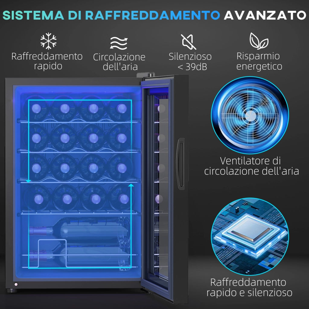 Cantinetta Vino Refrigerata per 20 Bottiglie, Capacit¨¤ 53L, Porta in Vetro Anti-UV e Ripiani Regolabili, Nero