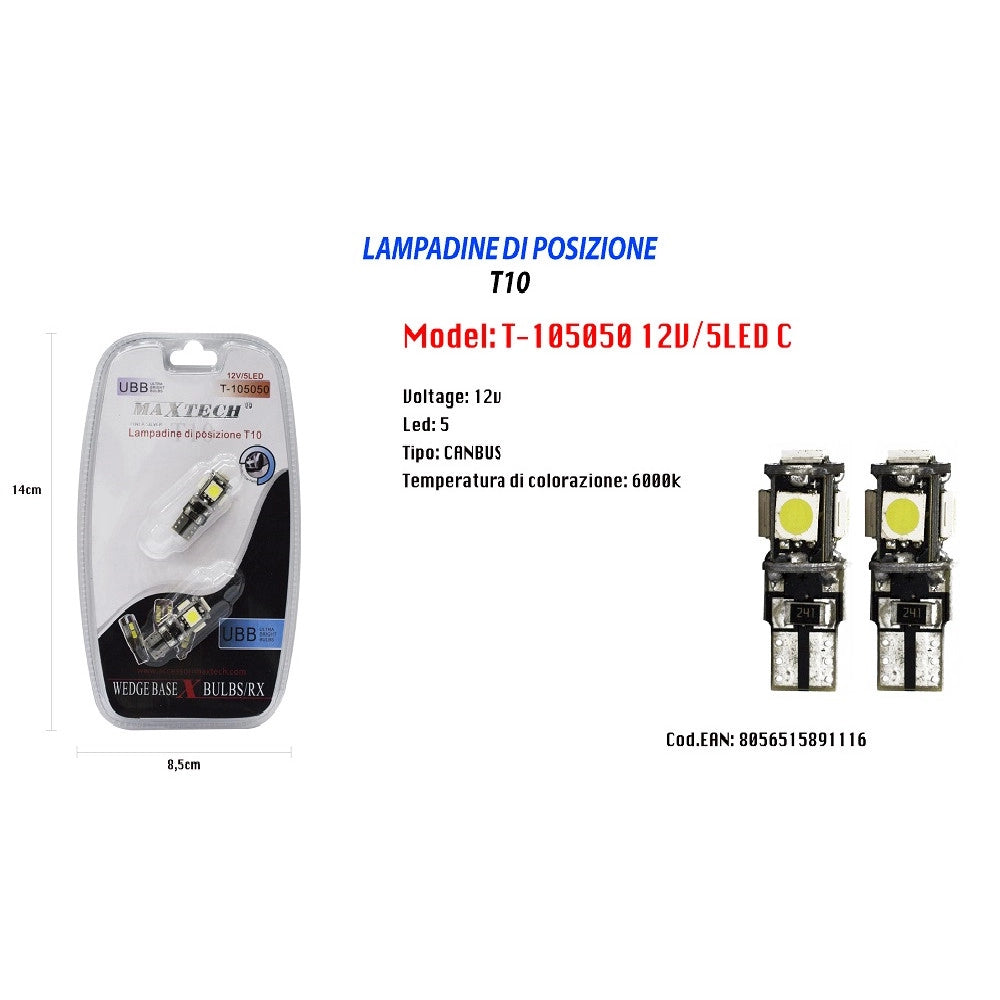 Trade Shop - Lampadine Di Posizione T10 Maxtech T-105050 12v / 5led C Ultra Luminose Canbus -