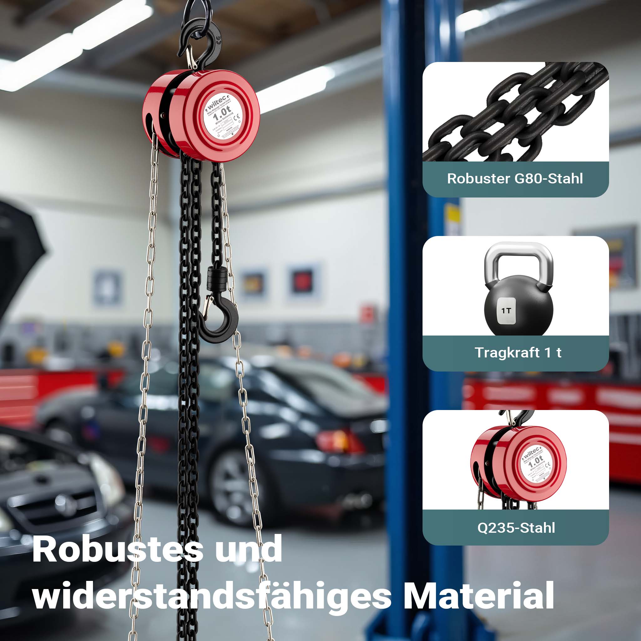 Paranco a catena manuale, max 1000 kg, con catena di 3 m, per sollevamento di carichi pesanti