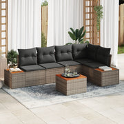 Set di divani da giardino con cuscini grigi in polyrattan e acacia