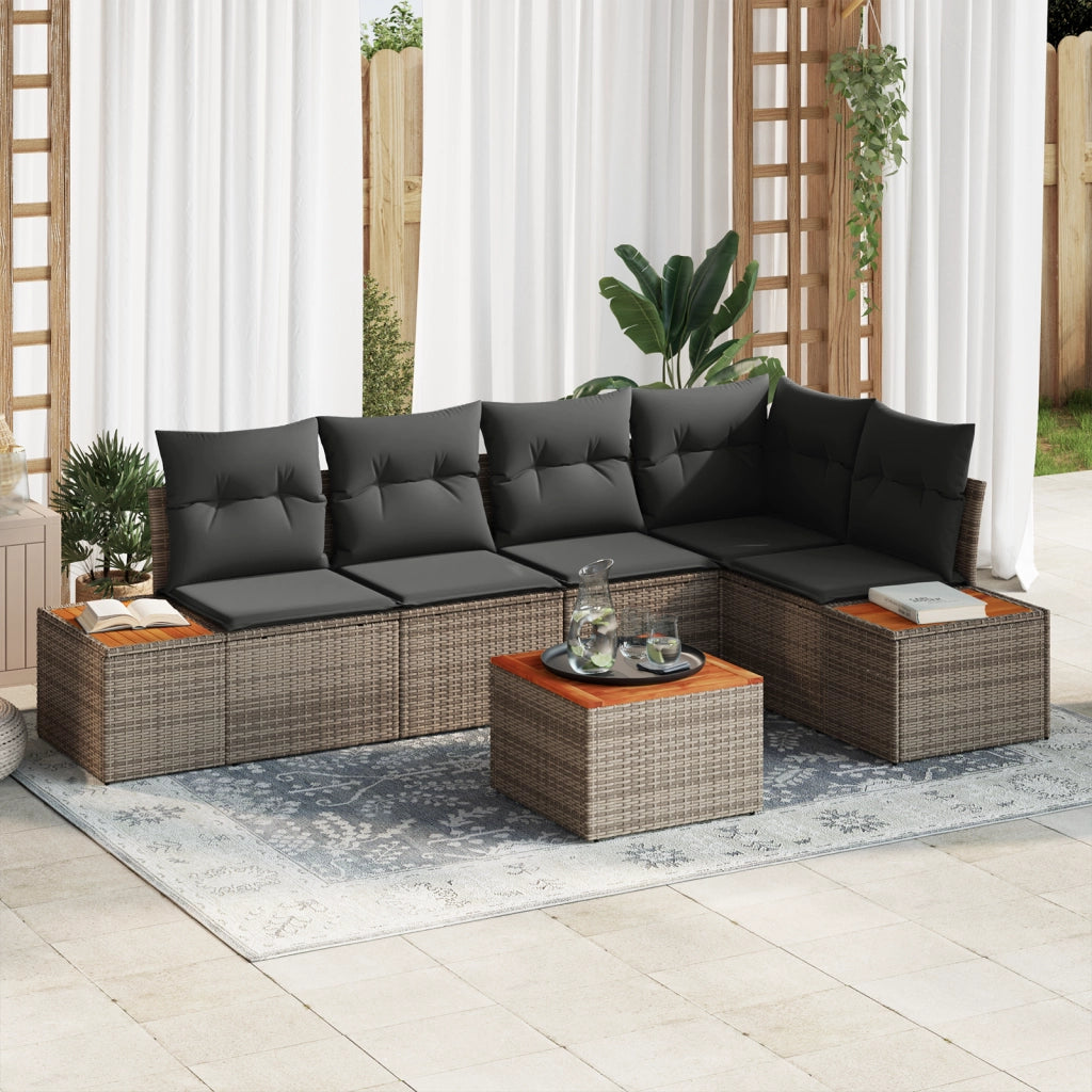 Set di divani da giardino con cuscini grigi in polyrattan e acacia