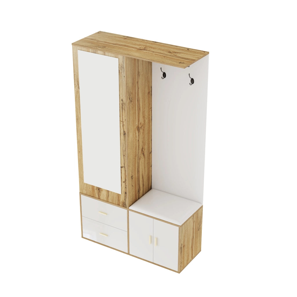 Mobile Ingresso con Specchio; Panca Scarpiera e Armadio Scarpiera con Barra Estraibile; 2 Ganci; Stile Moderno; in Truciolare; 100??38??180 cm; Bianco Naturale