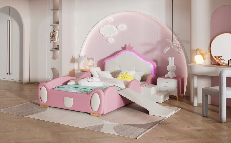 Letto a castello con scivolo LED - Xylo - 90x200cm - Rosa+Beige