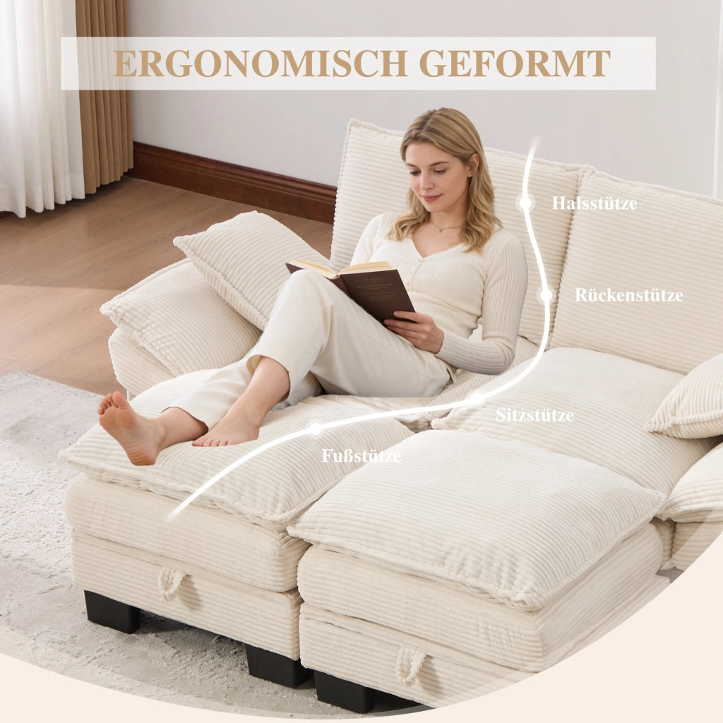 Divano modulare a 2 posti in corduroy con 2 pouf, seduta ampia ergonomica, USB-C e tasche laterali beige
