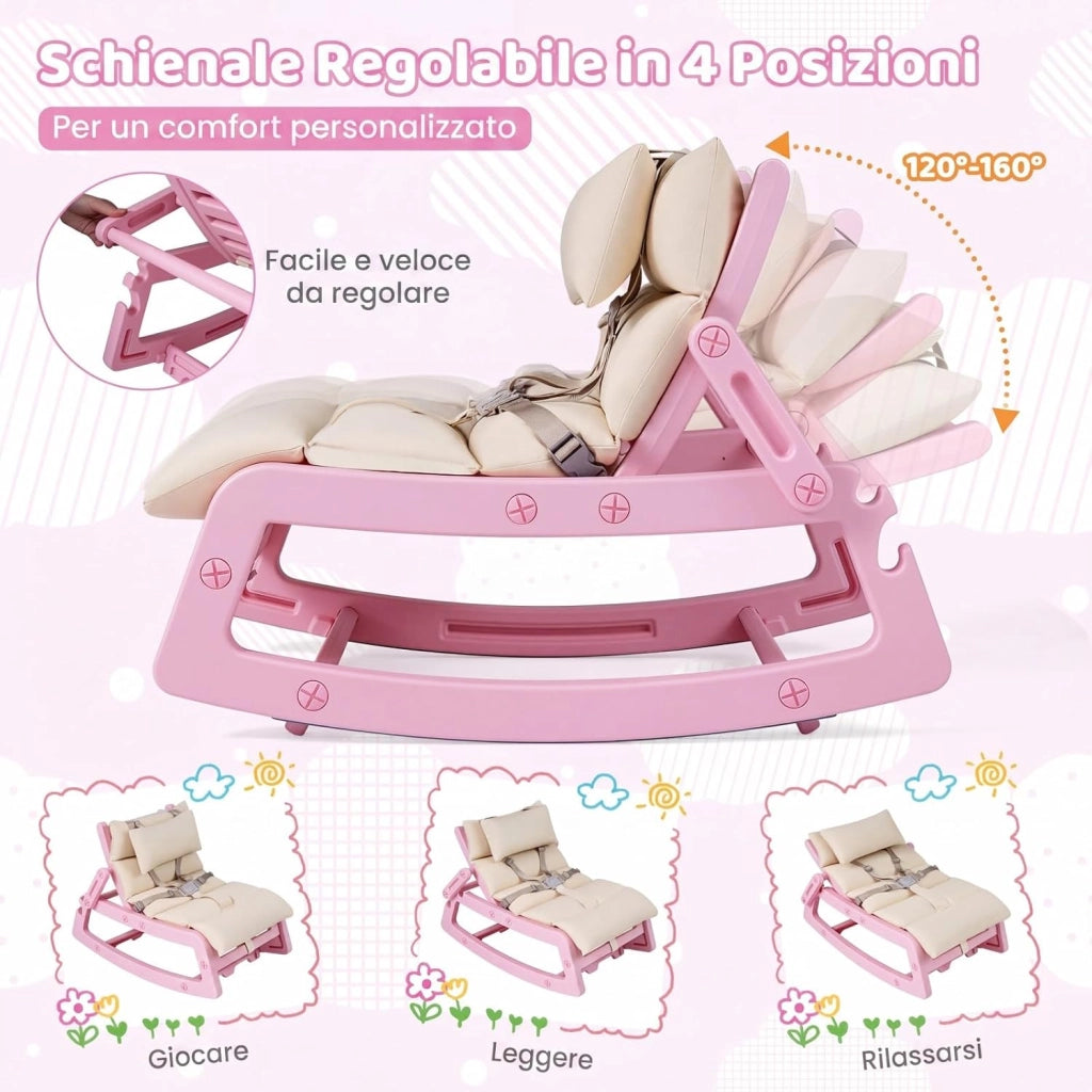 Sedia a Dondolo Bambini, Schienale Regolabile, con Cucino (Rosa) | Sdraietta a Dondolo, Poggiatesta Rimovibile e Cintura 5 Punti, Portata 80 kg, per Bambini 6+ Mesi