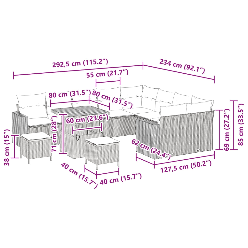 Set Divano da Giardino  12 Pezzi con Cuscini Grigio Rattan Polietilene Acacia