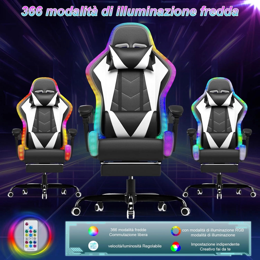 Sedia da Gaming con Massaggiante Schienale Regolabile 90-135°, Sedia Gaming con LED e Poggiapiedi Telescopico,Poltrona Gaming Ergonomica Portata 150 kg (Bianca)