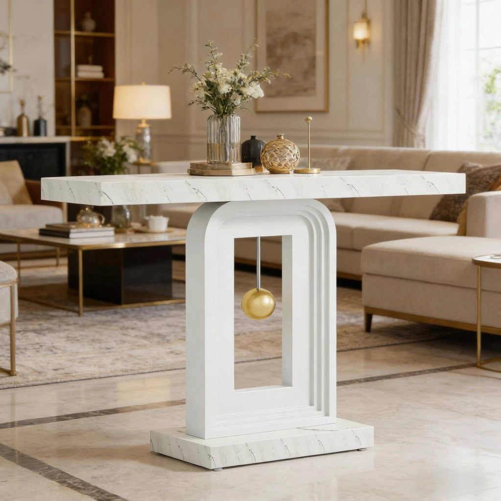 Tavolo consolle stretto 100 cm con base geometrica quadrata; marmo e MDF; bianco