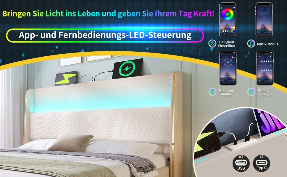 Letto Singolo Contenitore Imbottito con LED ¨C MINIMAL ¨C 90x200, Testiera Alta, USB, Beige con Materasso
