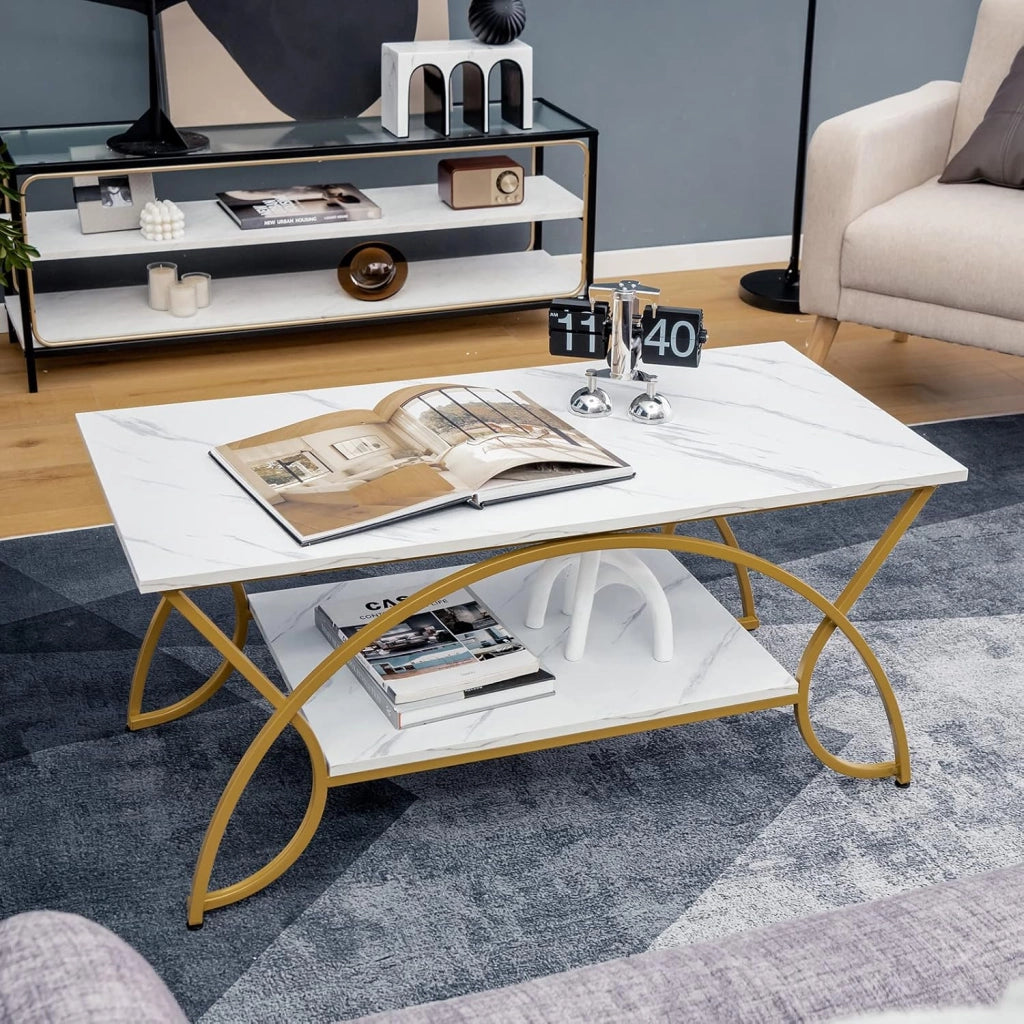 Tavolino da Caffè Oro, Tavolo da Salotto con Gambe in Metallo, Tavolino con Effetto Marmo per Soggiorno, Studio, Camera,110 x 50 x 46 cm (Bianco+Oro)