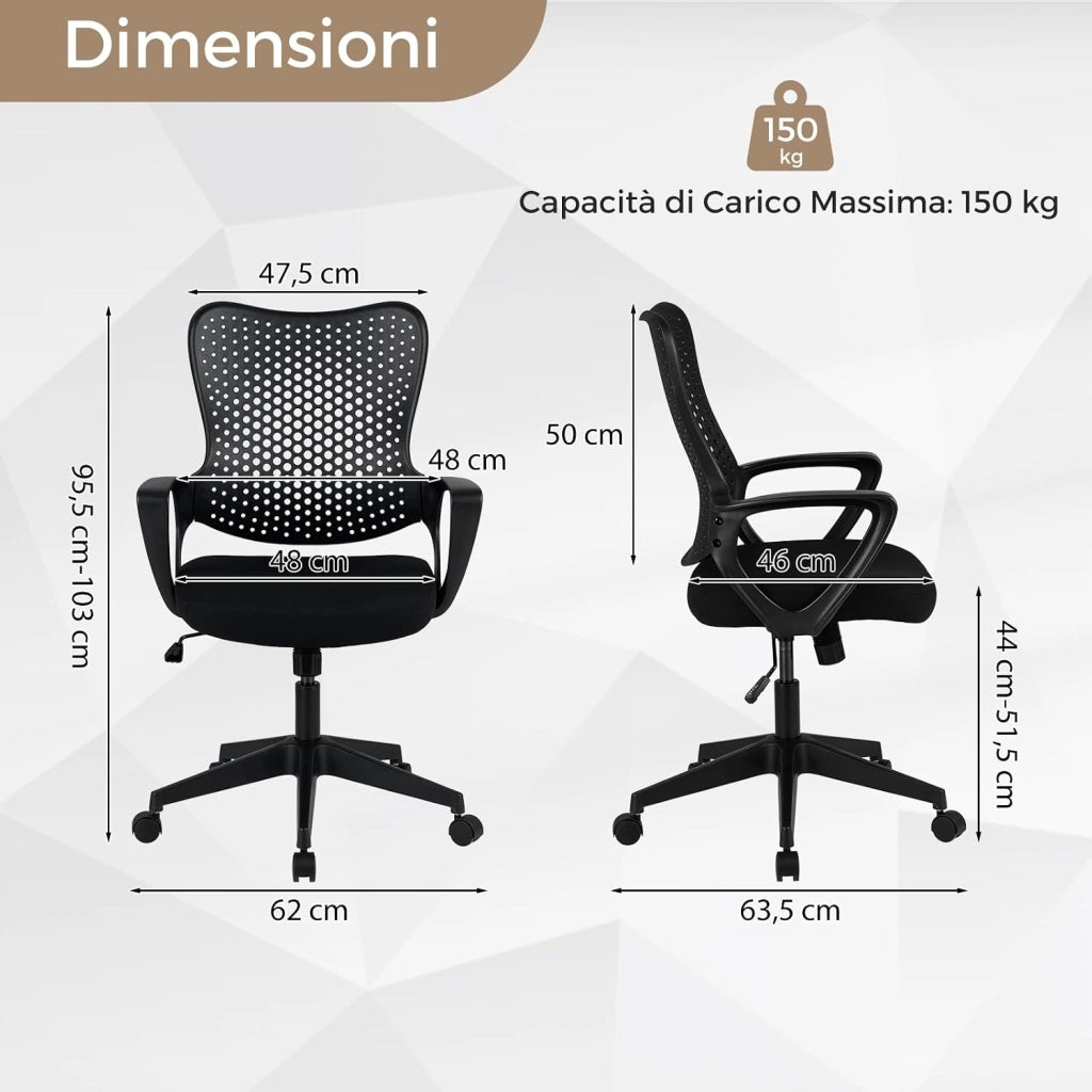 Sedia da Ufficio Ergonomica, con Schienale Reclinabile, Regolabile in Altezza, Sedia Scrivania con Seduta Girevole 360°e Ruote per Ufficio, Studio e Soggiorno, Portata 150 kg (Nero)