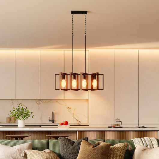 Lampadario a Sospensione Rustico 80x21x90-130 cm con 4 Cornici Girevoli e Catena Regolabile Nero e Marrone