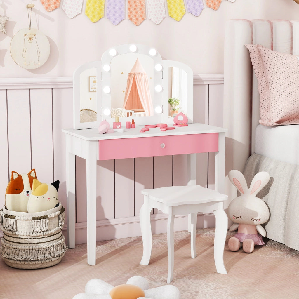 Set tavolo trucco bambini 2 in 1 principessa specchio 3 pieghe luci led-Set sgabello legno bambine 3+ anni gioco creativo regalo Bianco