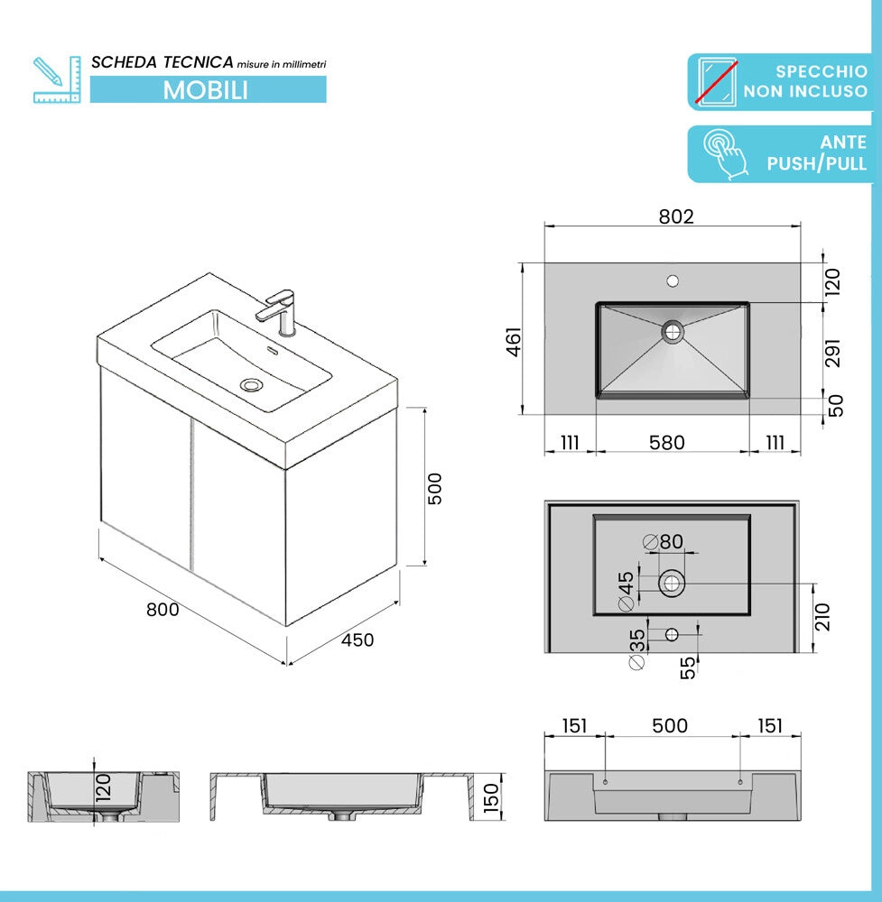 Mobile bagno sospeso 80 cm blu con due ante e lavabo in resina Tierra