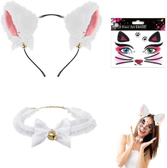 Set di accessori per gatti - Fascia per orecchie dei gatti bianca - Collare con campanello - Adesivo tattoo per gatti - Finta pelliccia - Sostenibile e confortevole - Costume per gatti
