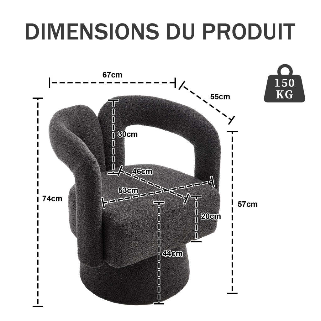 Poltrona Girevole a 360° con Braccioli Arrotondati e Seduta Imbottita; in Bouclé; Grigio Scuro