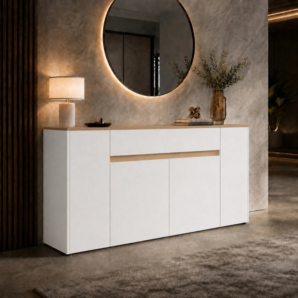 Mobile Madia Moderna Con 4 Ante E 1 Cassetto In Melaminico Contenitore Elegante Per Soggiorno Sala Da Pranzo 170 X 85 X 40 Cm Bianco E Rovere