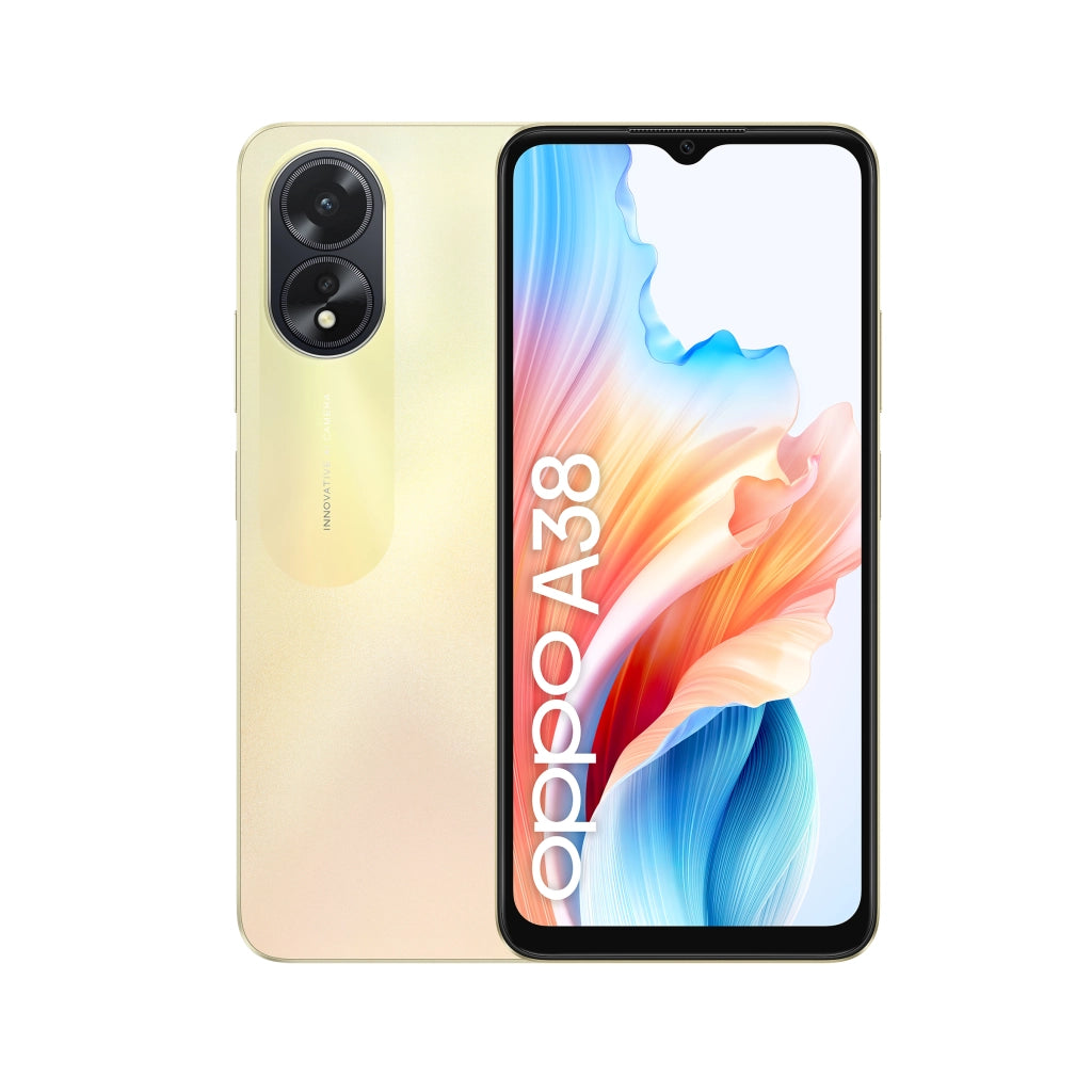Oppo a38 4g smartphone, ai doppia fotocamera 50+2mp, selfie 5mp, display 6.56” 90hz lcd hd+, 5000mah, ram 8 gb (4+4) + rom 128gb, ip54, [versione italia],glowing gold - OPA38G