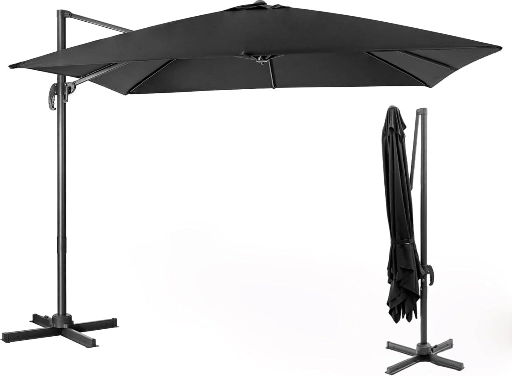 Ombrellone da Giardino 3 x 3 m, Ombrellone Pieghevole da Esterno con 3 Inclinazioni, Rotazione a 360°, Manovella, 8 Stecche, Base Incrociata, Angolo Regolabile, per Giardino, Balcone (Nero)