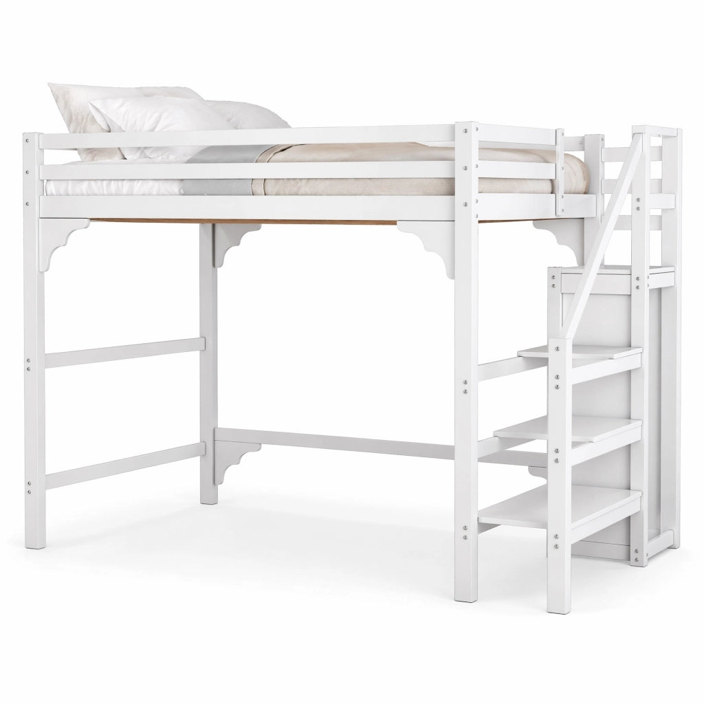 Hochbett 140x200 cm con armadio e scala contenitore; in pino e MDF; bianco