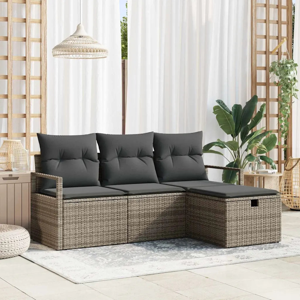Set Divano da Giardino con cuscino 4 pz | Set Salotto da Giardino Grigio Poly Rattan