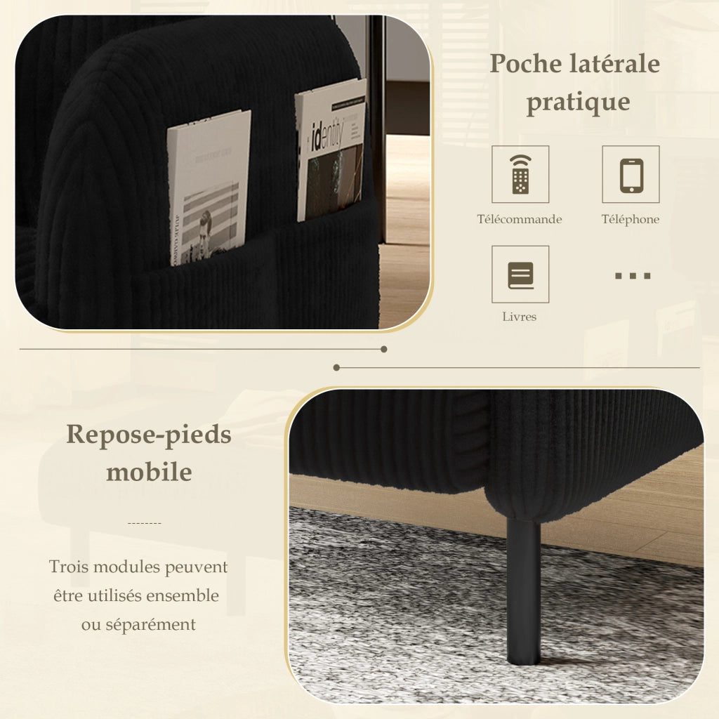 OKWISH Poltrona in Velluto a Coste, Seduta Profonda e Schienale Ergonomico con Tasche Laterali, Struttura in Metallo, Nera