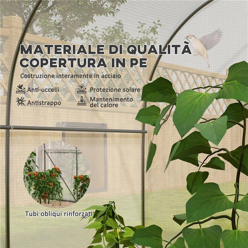 SERRA A TUNNEL PER GIARDINO CON 6 FINESTRE E PORTA A RULLO IN ACCIAIO E PE 3.5X3X2 M BIANCO